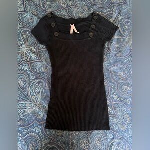 Black Ribbed Button-Detail Short Sleeve Sweater